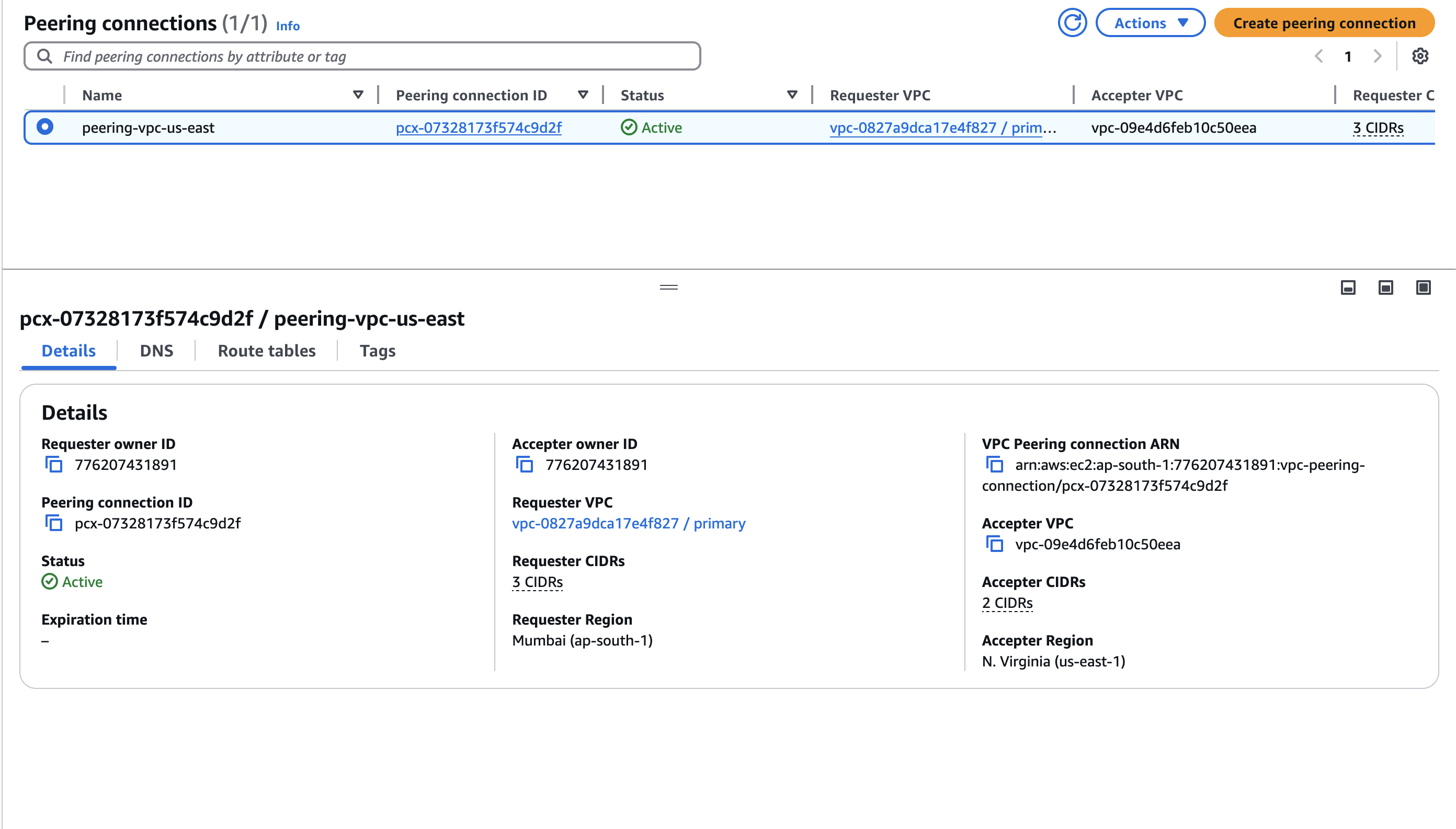 AWS console screenshot showing VPC peering connection details